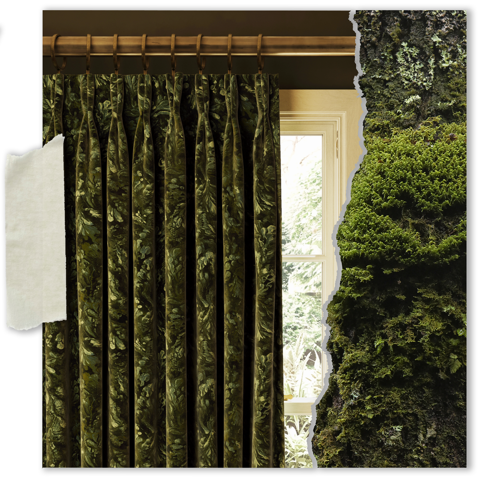 a green curtain with a white piece of paper next to a window