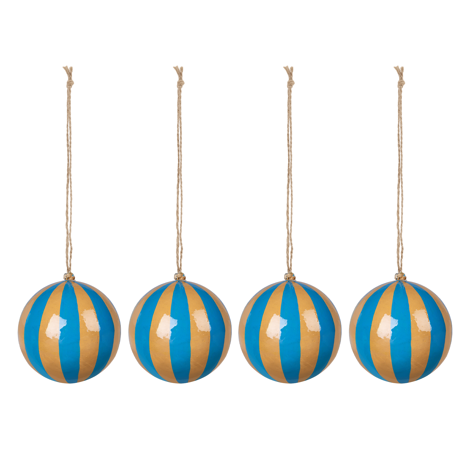 a group of blue and gold striped ornaments