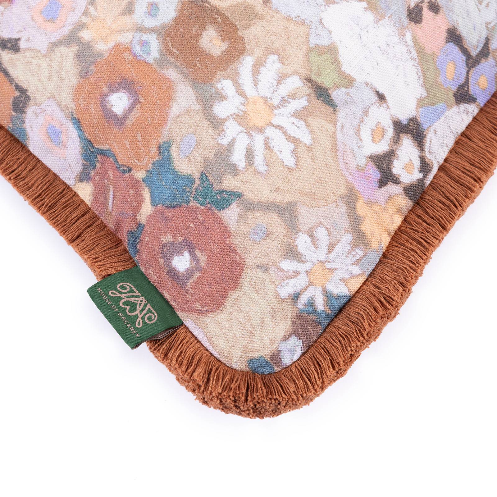 HOLLYHOCKS Cotton Linen Medium Fringed Cushion - Prairie